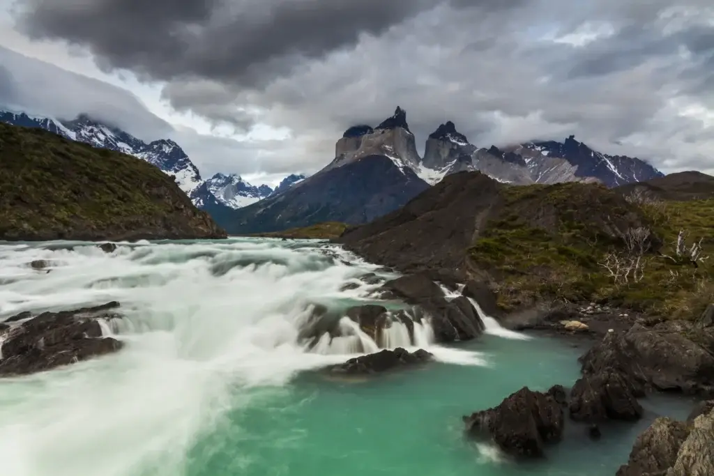 Beautiful landscape with mountains and Torres del Paine, Chile. river. National Park