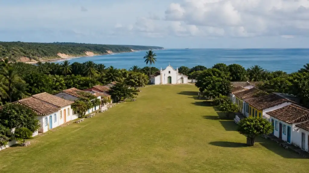 AI-generated editorial visualization of Trancoso, Bahia, Brazil.