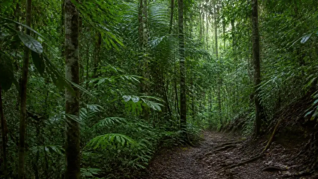 AI-generated editorial visualization of Atlantic Forest route context informed by Monte Pascoal National and Historical Park; it does not depict a named sector, Pataxó-led visit, authorized conductor, or current access.