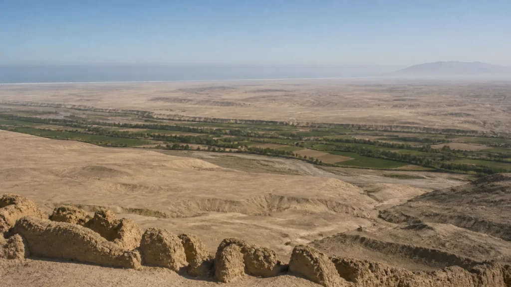 AI-generated editorial visualization of northern Peru's earthen-heritage landscape context.