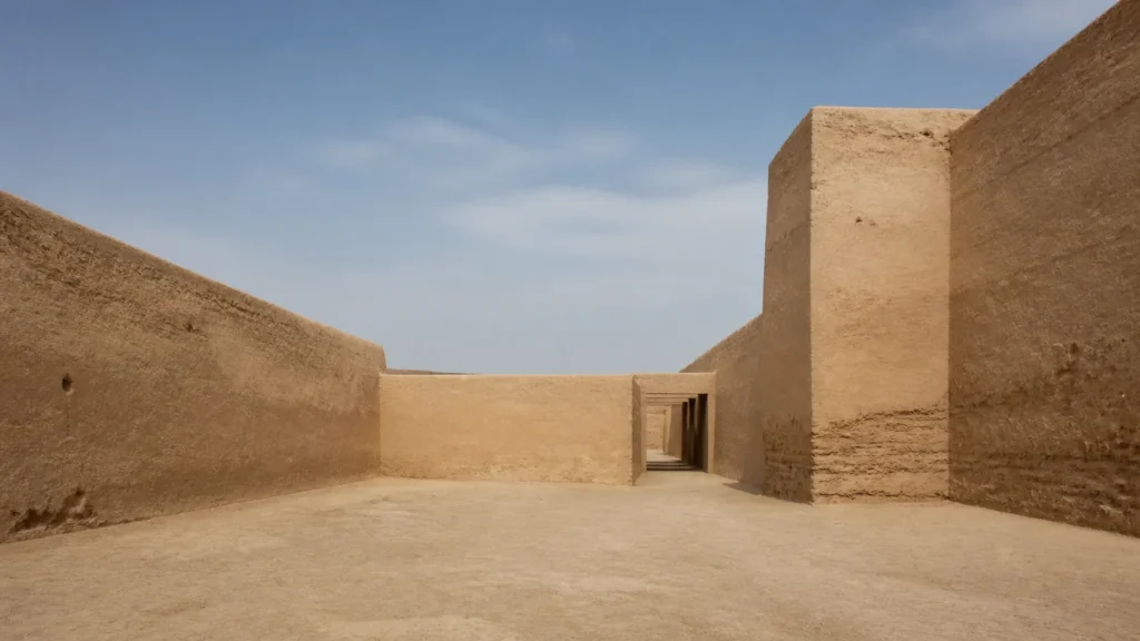 AI-generated editorial visualization of an anonymous overview of Chimú earthen-urbanism context.