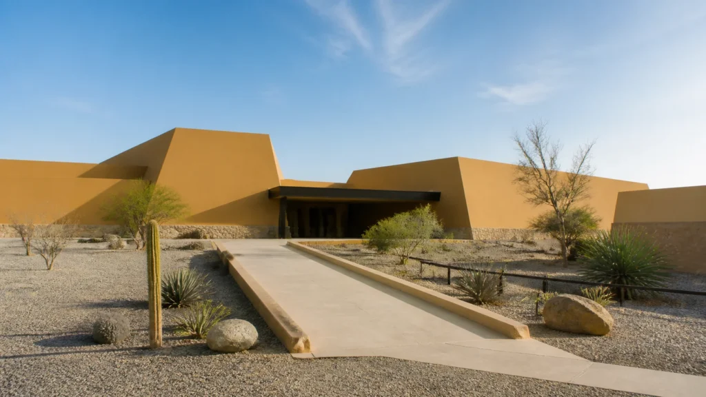 AI-generated editorial visualization of an anonymous Lambayeque archaeological-museum exterior context.