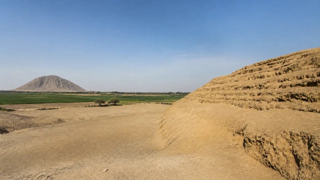AI-generated editorial visualization of a non-specific Moche Valley ceremonial-landscape context.