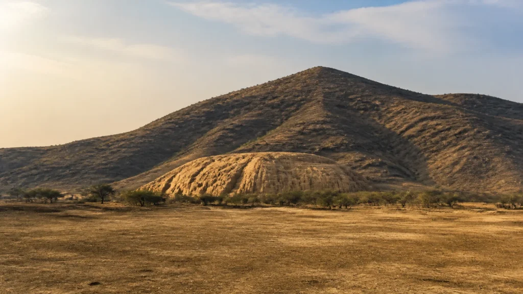 AI-generated editorial visualization of an anonymous monumental-landscape context for Túcume.