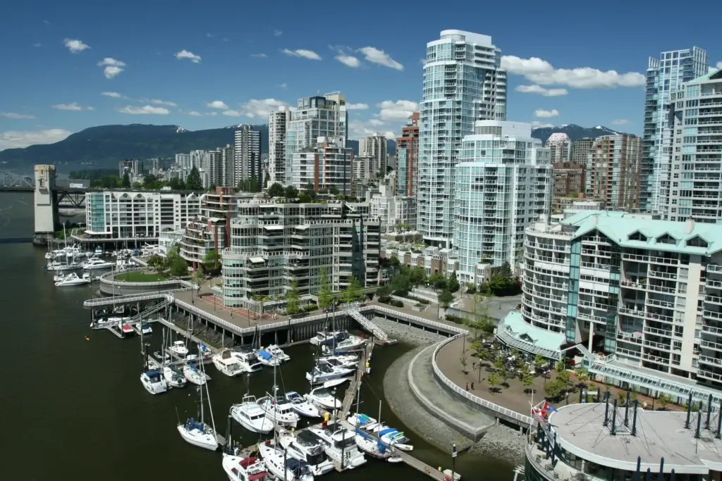 Vancouver skyline, Coal Harbour or downtown waterfront with water and North Shore mountains