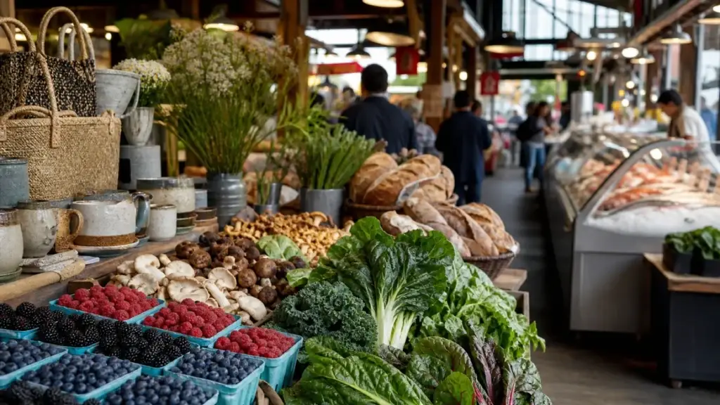 Granville Island Public Market produce, seafood, artisan stalls or recognizable market interior
