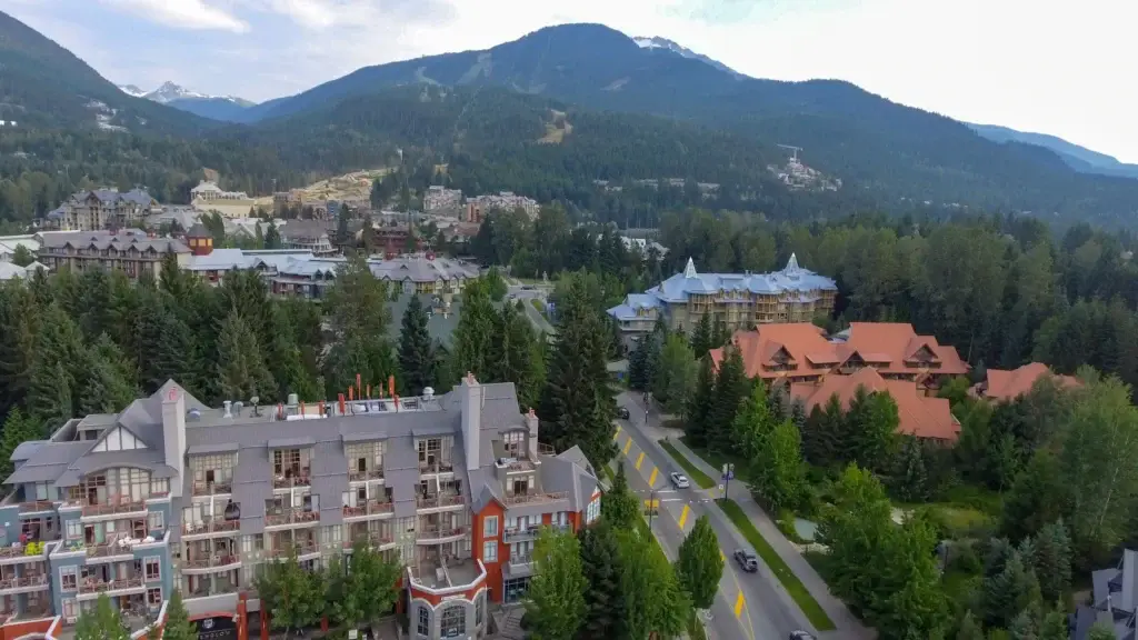 Whistler and Blackcomb mountains with Whistler Valley or an exact Whistler alpine composition