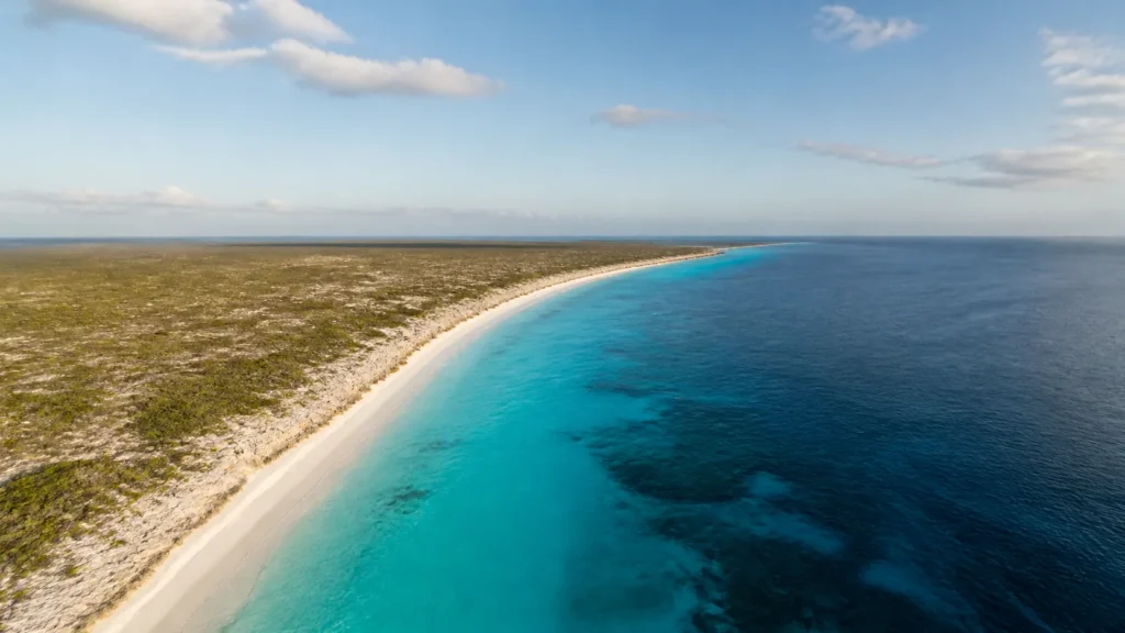 AI-generated editorial visualization of Anguilla's low limestone, pale-sand and reef-margin coastal geography in a deliberately undeveloped non-site-specific composition; not an exact property, beach, access, aerial, current-condition or documentary record.