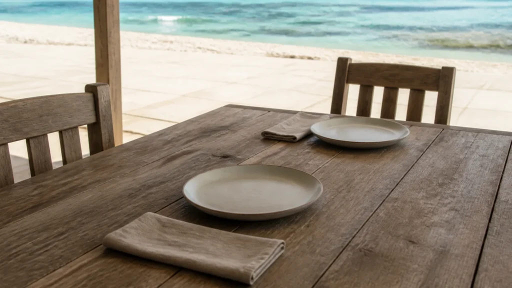 AI-generated editorial visualization of an anonymous property-neutral open-air table-before-service context on Anguilla, without depicting a chef, meal, restaurant, named property, private access or authentic sourcing.