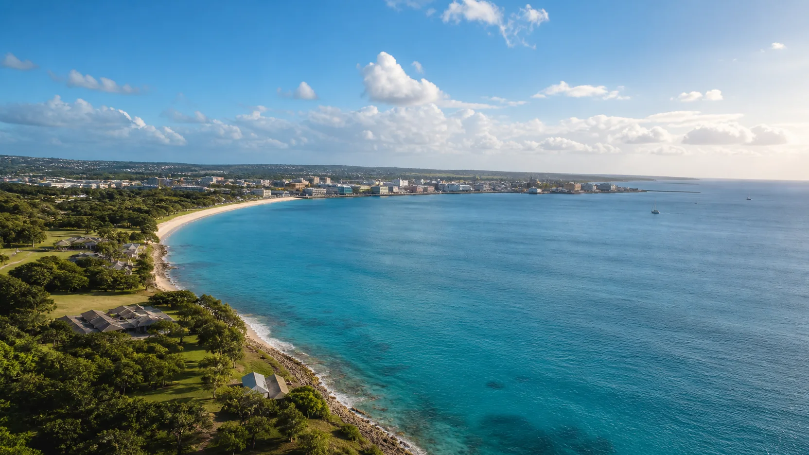 AI-generated editorial visualization of Carlisle Bay linking a compact Bridgetown context with the lower green Garrison coast; creative context only, not an exact panorama, fortification record, current city condition, port-status record or access guide.