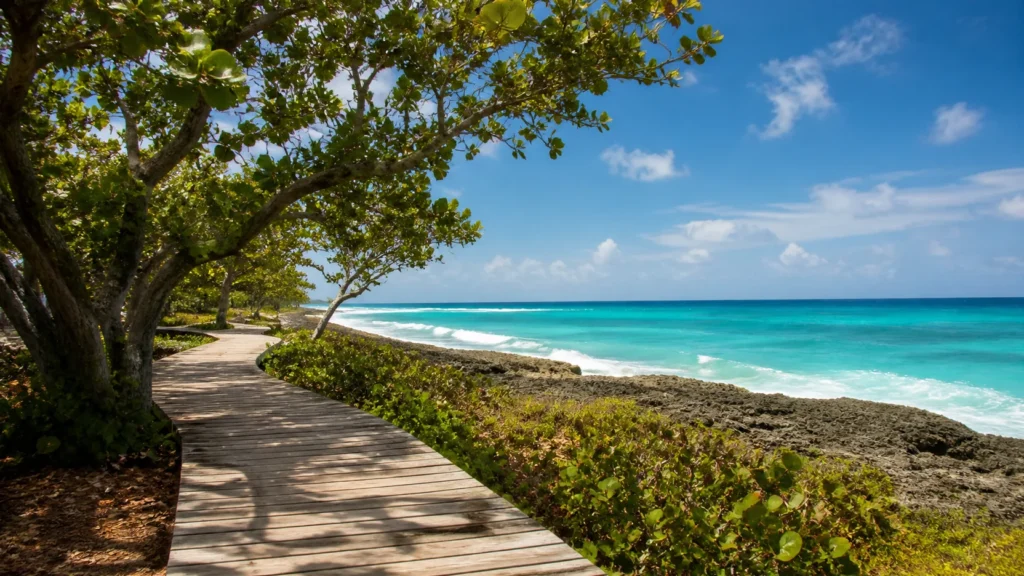 AI-generated editorial visualization of an anonymous Barbados south-coast public boardwalk-and-shore context; not an exact current boardwalk layout, property, access, condition or sea-state record.