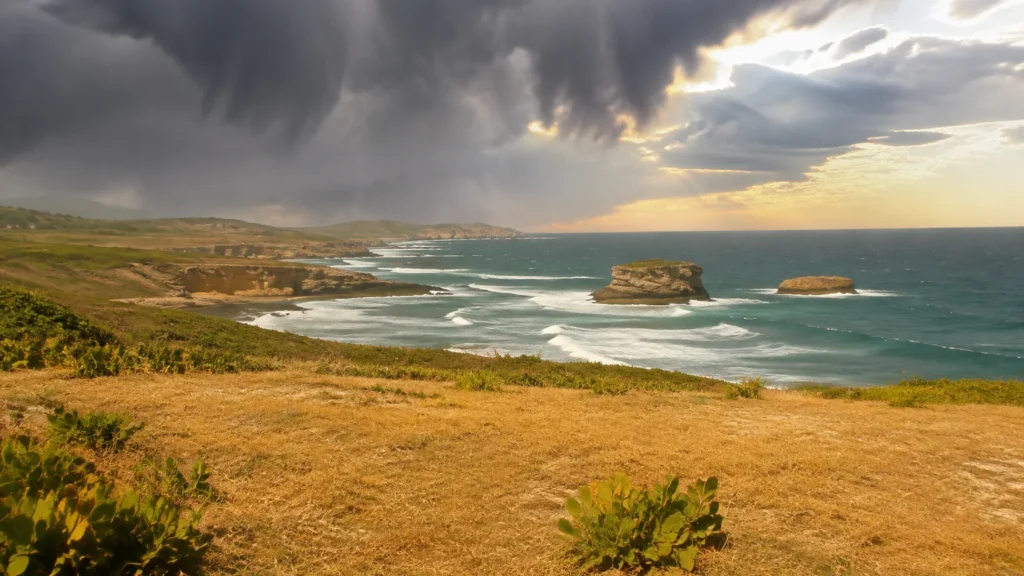 AI visualization of warm tropical Atlantic terrain, limestone sea rocks and a passing rain squall in Barbados context