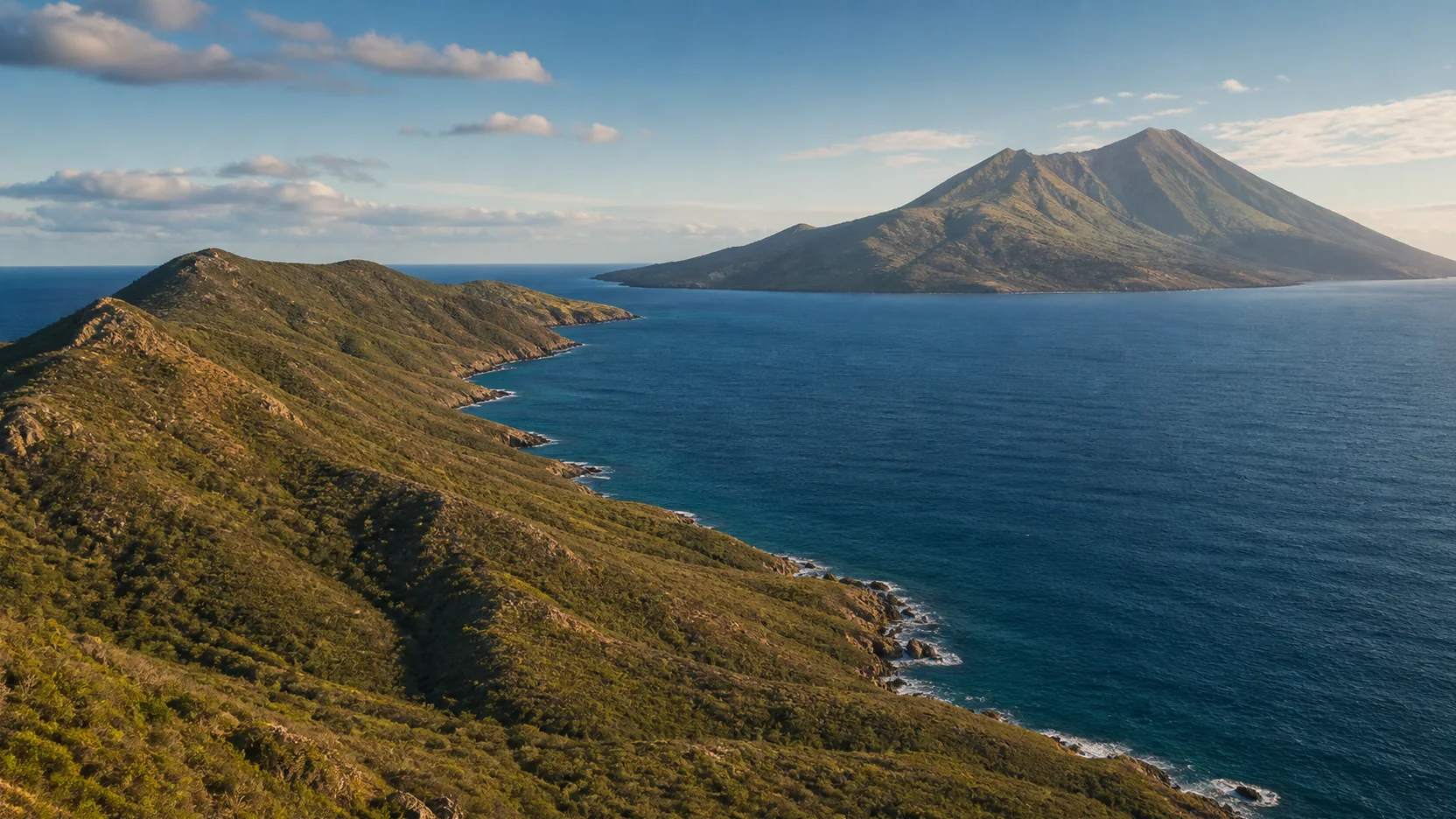 AI-generated editorial visualization of the Southeast Peninsula, the Narrows and Nevis as a creative geographic context; not an exact panorama, current land-use record, access guide or documentary evidence.