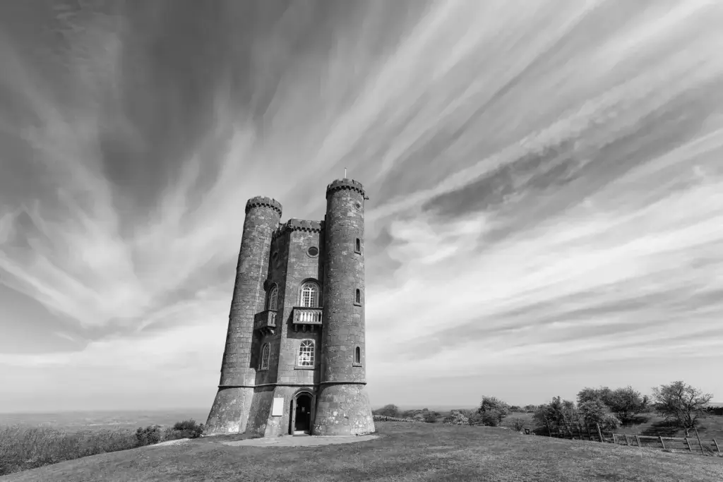 Broadway Tower in a monochrome architectural view.