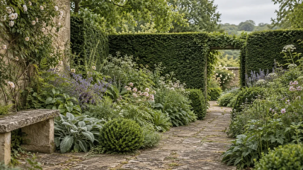 AI illustration of a hedged Arts and Crafts garden room with a stone path and mixed planting.