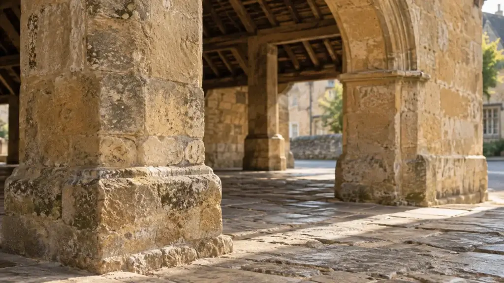 AI illustration of weathered limestone piers, an open arch and a worn stone floor.