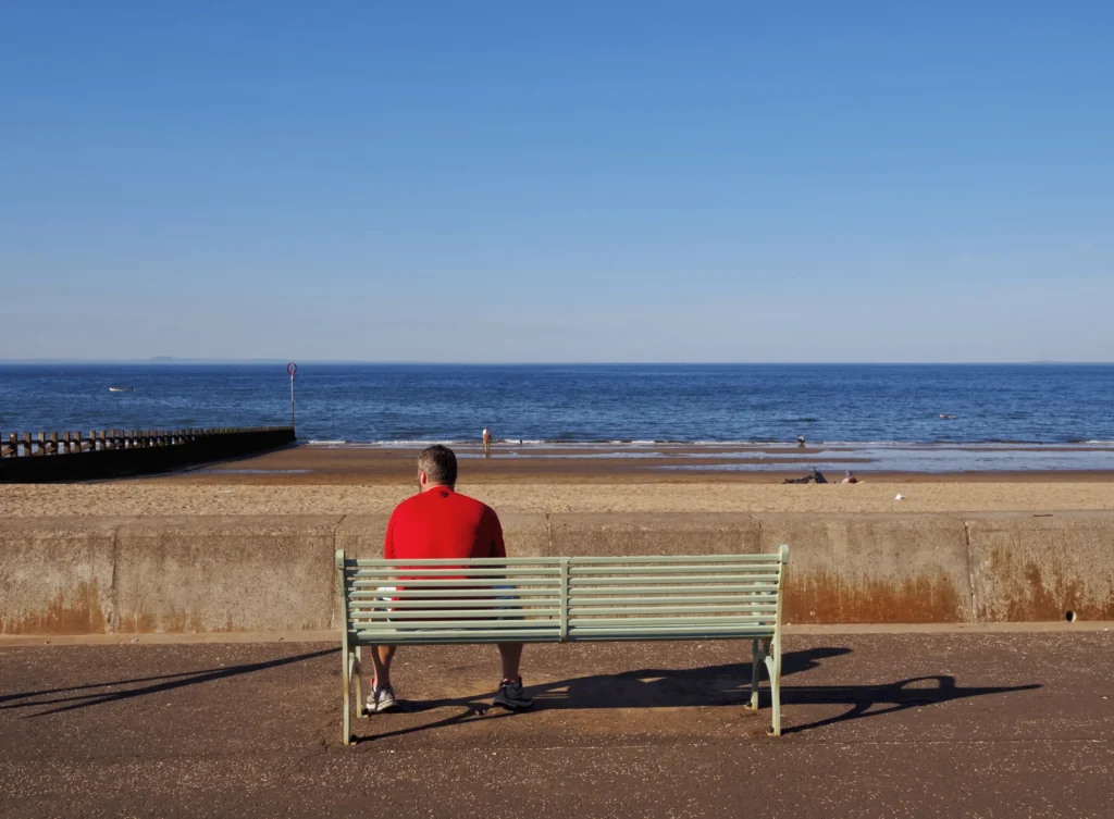A seafront bench overlooking Portobello Beach, Edinburgh.