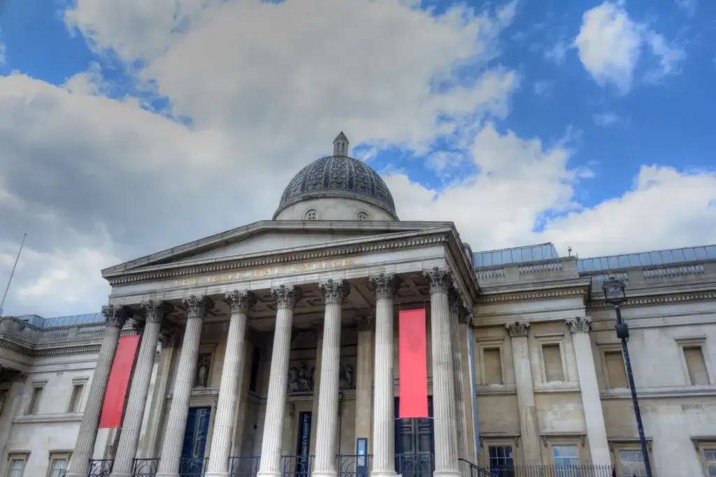 The National Gallery overlooking Trafalgar Square, London.