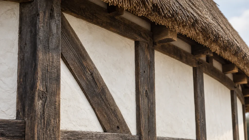 AI illustration of oak framing, lime plaster and a thatched eave inspired by Shakespeare's Globe.