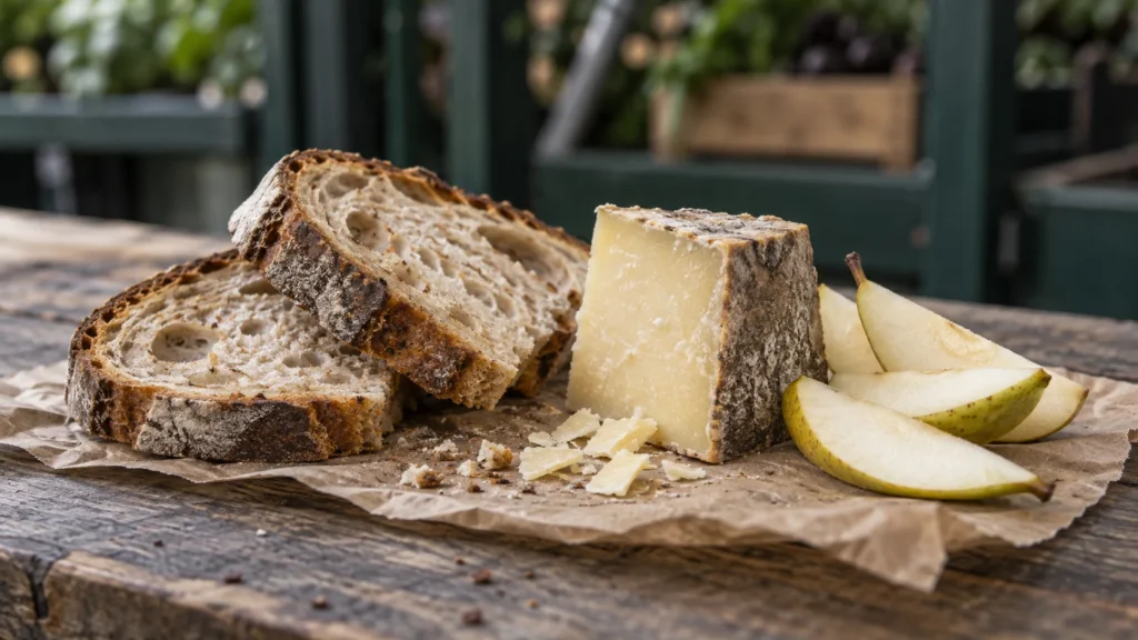 AI illustration of bread, cheese and pear slices on a market counter.