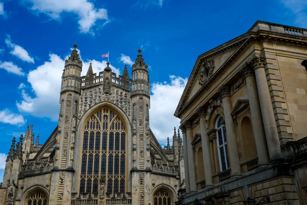 Bath Abbey and The Roman baths view from Abbey Churchyard