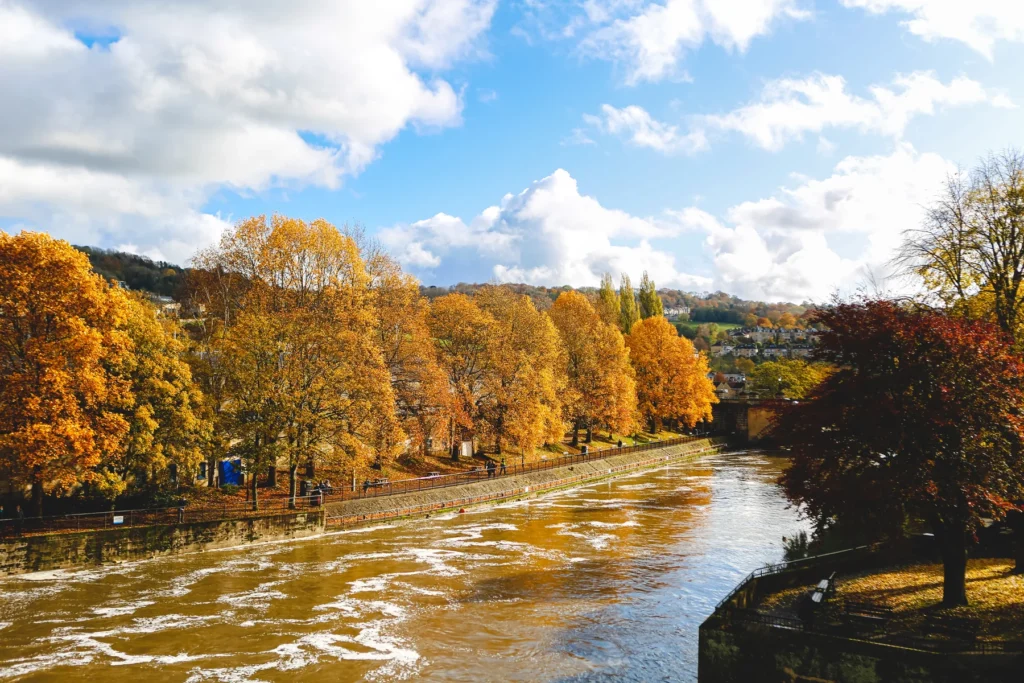 Autumn riverside scenery in Bath; city context for an art-led afternoon, not the Holburne Museum or Sydney Gardens.
