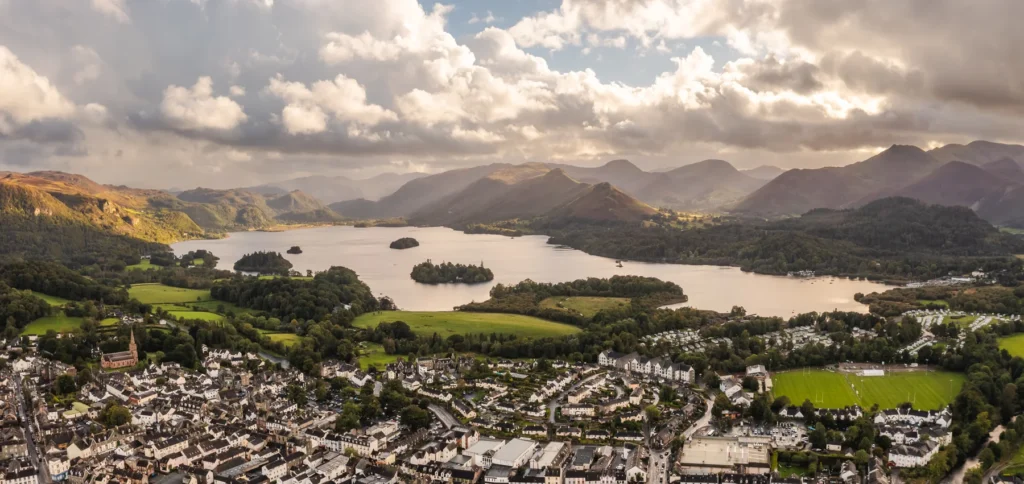 Aerial view of the lake District town of Keswick and Derwentwater lake