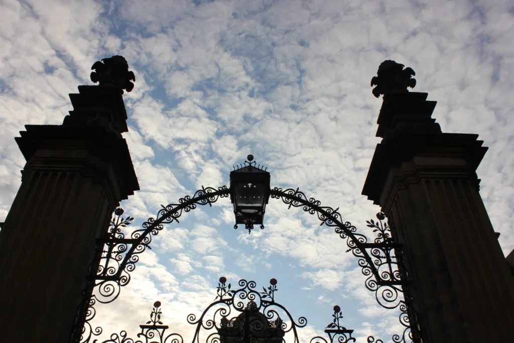 An ornate university gate in Oxford, shown as architectural detail for a day of close looking; not an Ashmolean object or entrance.