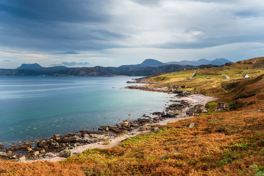 The beach at First Coast, Wester Ross; regional coastal context for an Inverewe visit.