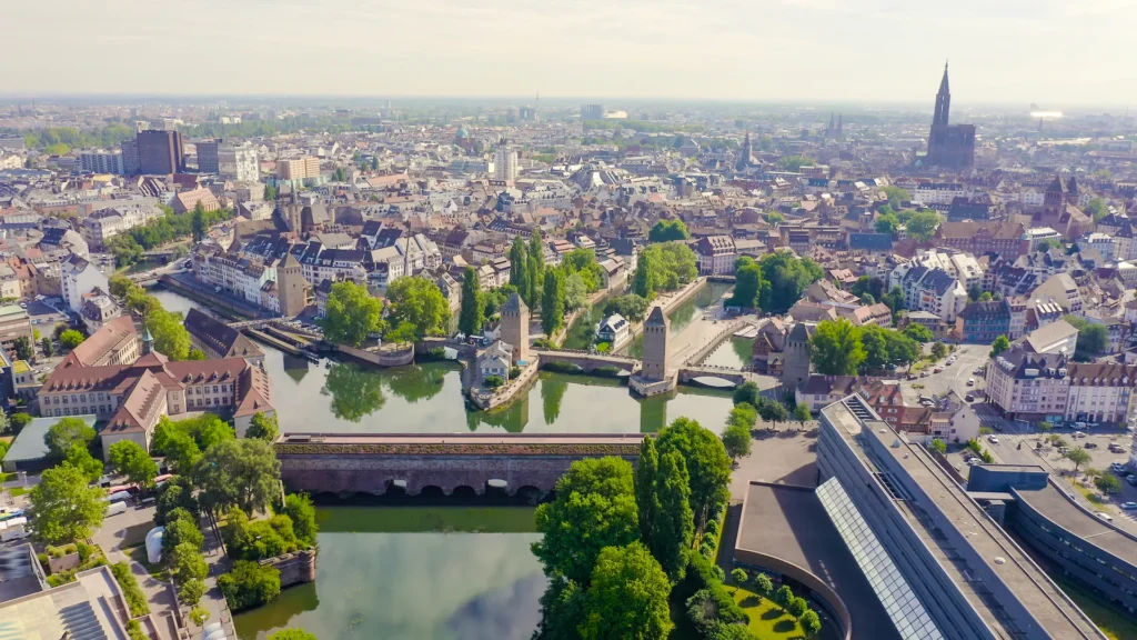 An aerial view of Strasbourg’s Petite France quarter and Vauban Dam.