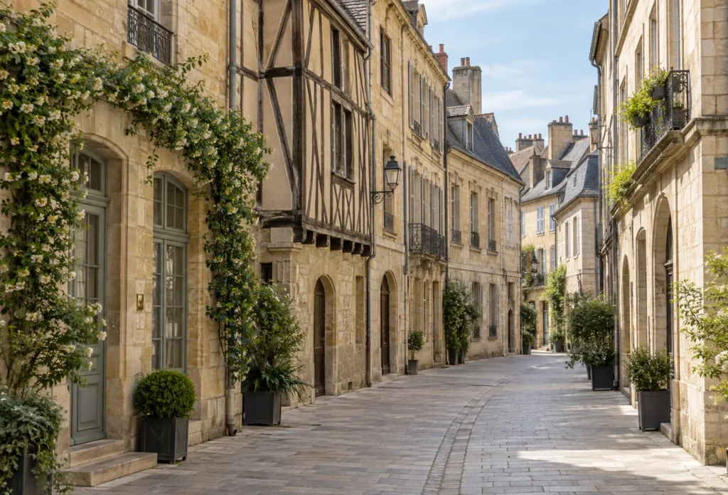 AI-generated editorial visualization of a scene inspired by historic Dijon streets; not a photograph of a specific street.
