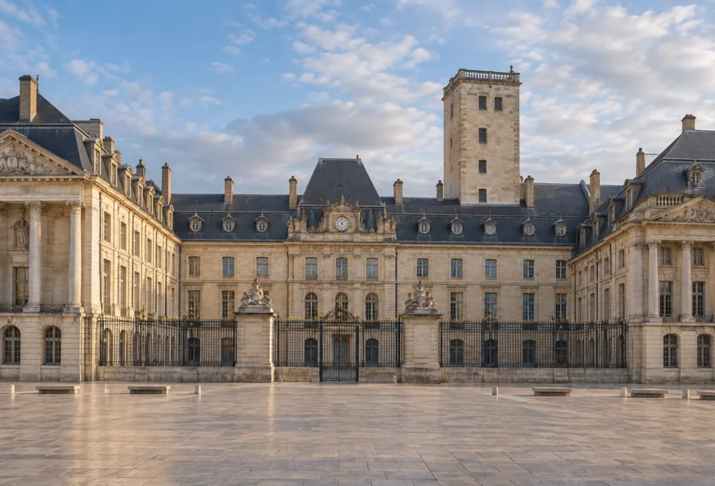 AI-generated editorial visualization of a scene inspired by Dijon’s ducal palace; architectural details are illustrative, not a photographic record.