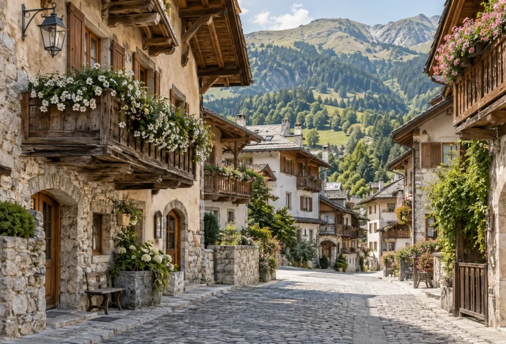 AI-generated editorial visualization of a scene inspired by Alpine village life around Megève; not a photograph of a specific street.