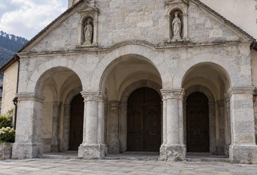 AI-generated editorial visualization of a scene inspired by the three-arched church portico in Megève; details are illustrative, not a photographic record.