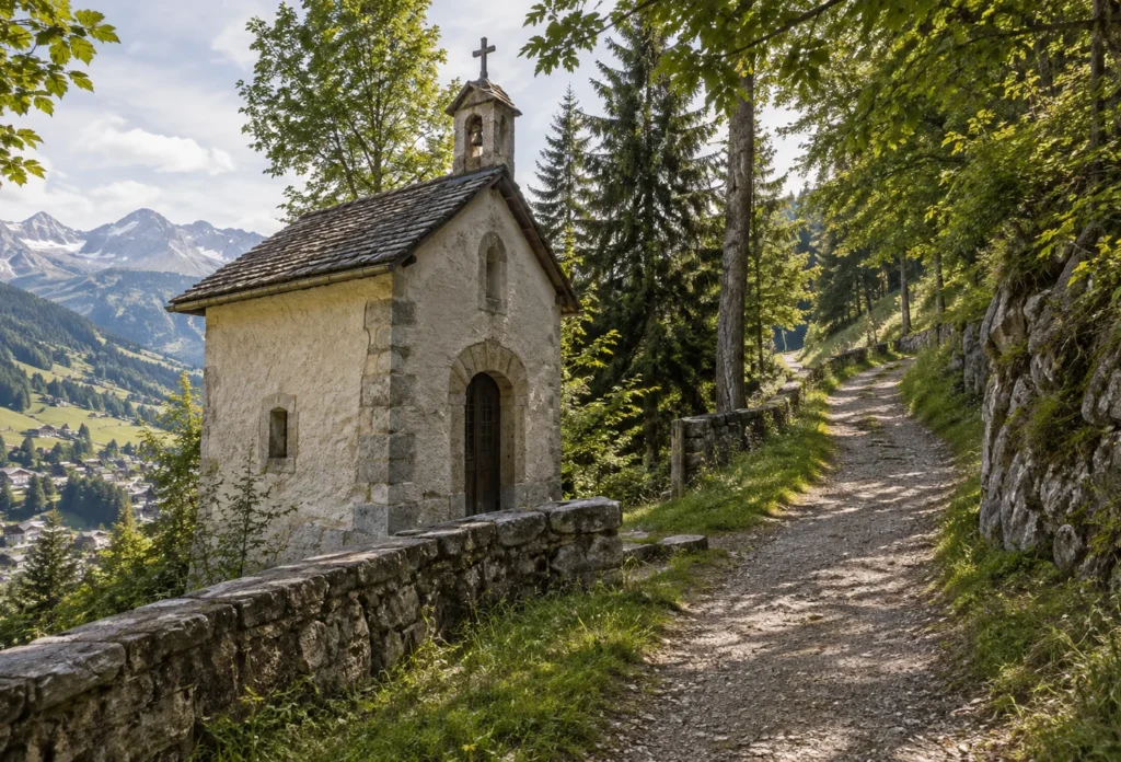 AI-generated editorial visualization of a conceptual scene inspired by Alpine chapel walks. This does not depict an identified station or actual route conditions on Megève’s Calvary path.