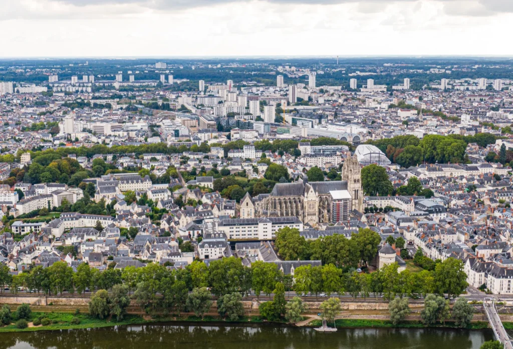An aerial view of Tours, providing city context; Place Plumereau is not identified.