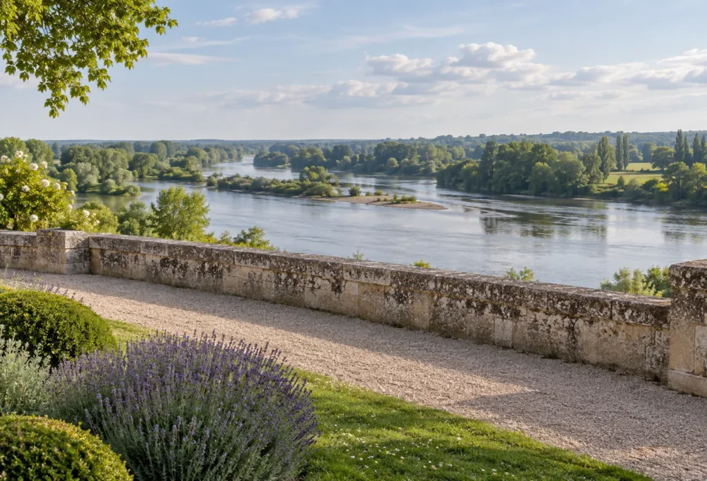 AI-generated editorial visualization of a scene inspired by a Loire garden terrace; not an exact view from the Château of Amboise.