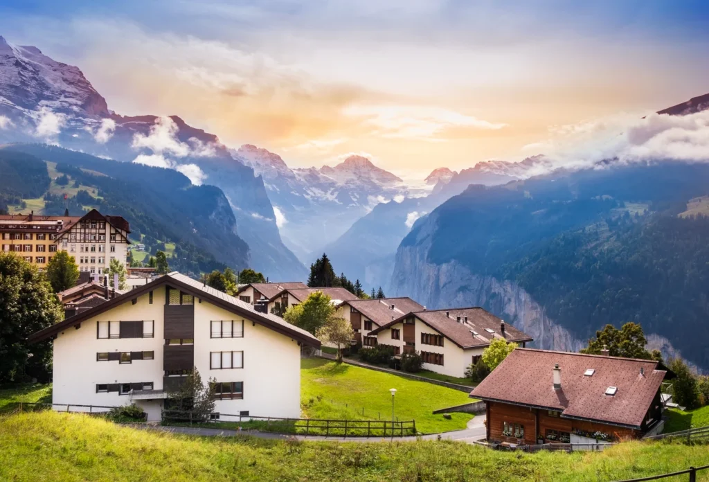 Wengen at sunset with the Swiss Alps near the Lauterbrunnen valley.
