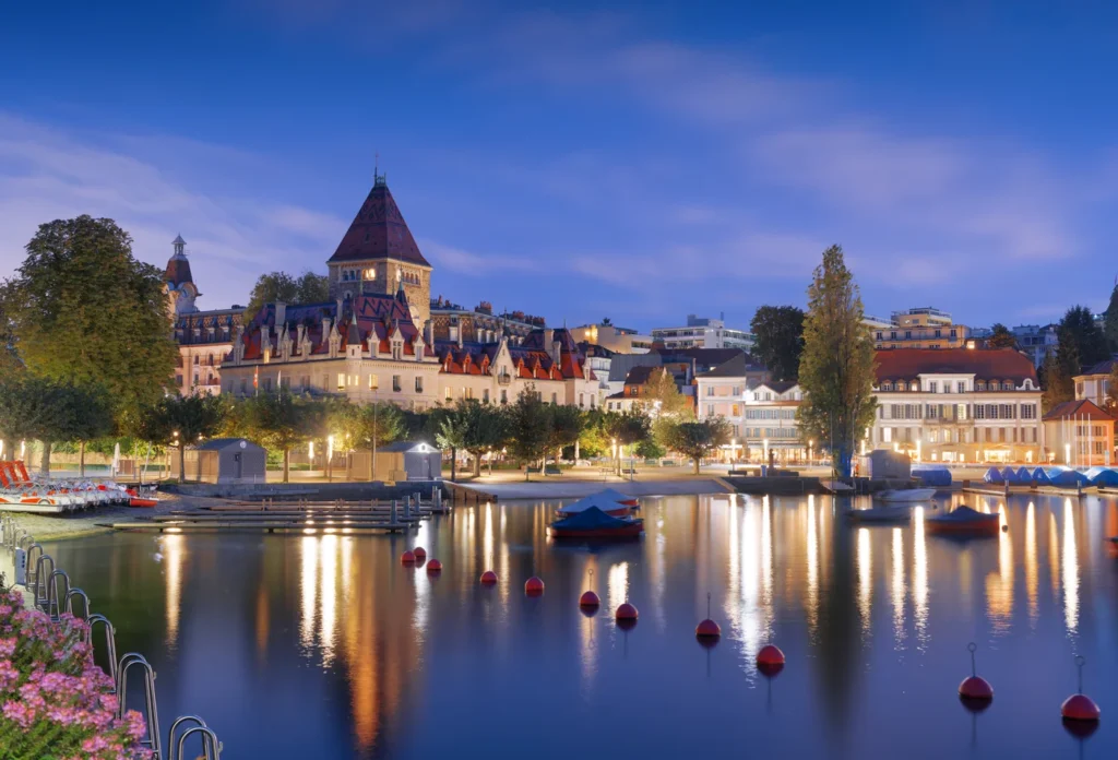 Lausanne from the Ouchy promenade, providing lakeside context for the Olympic Museum visit. The museum is not pictured.