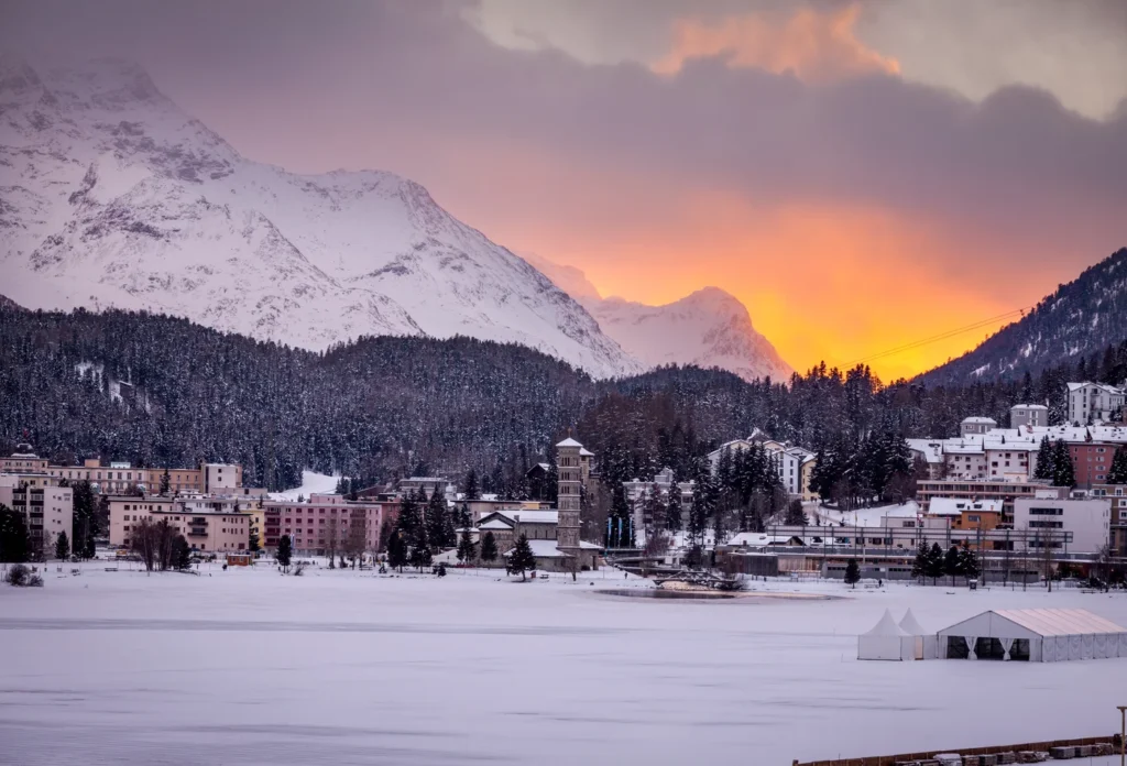 St. Moritz in a snowy mountain setting, providing local landscape context for the Segantini chapter; the museum is not shown.