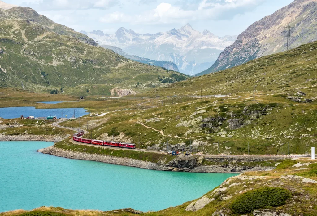 Bernina Express on the Tirano to St. Moritz route; the exact location along the route is not identified. This does not depict a confirmed regional-train service.