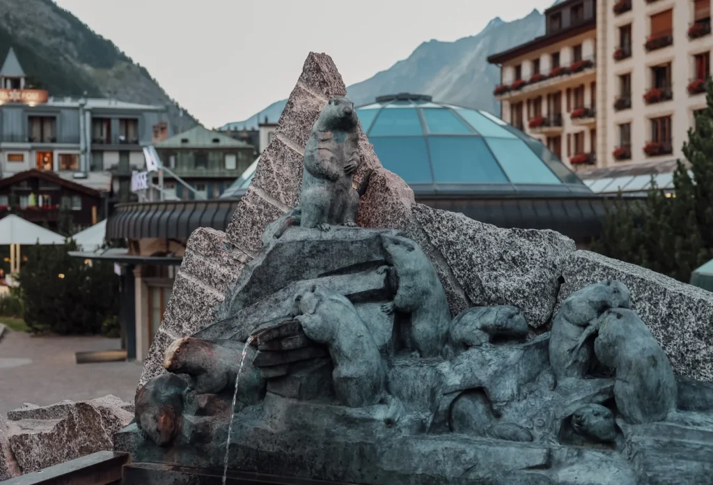 A sculptural fountain in Zermatt, providing village context for its history. The Matterhorn Museum is not pictured.