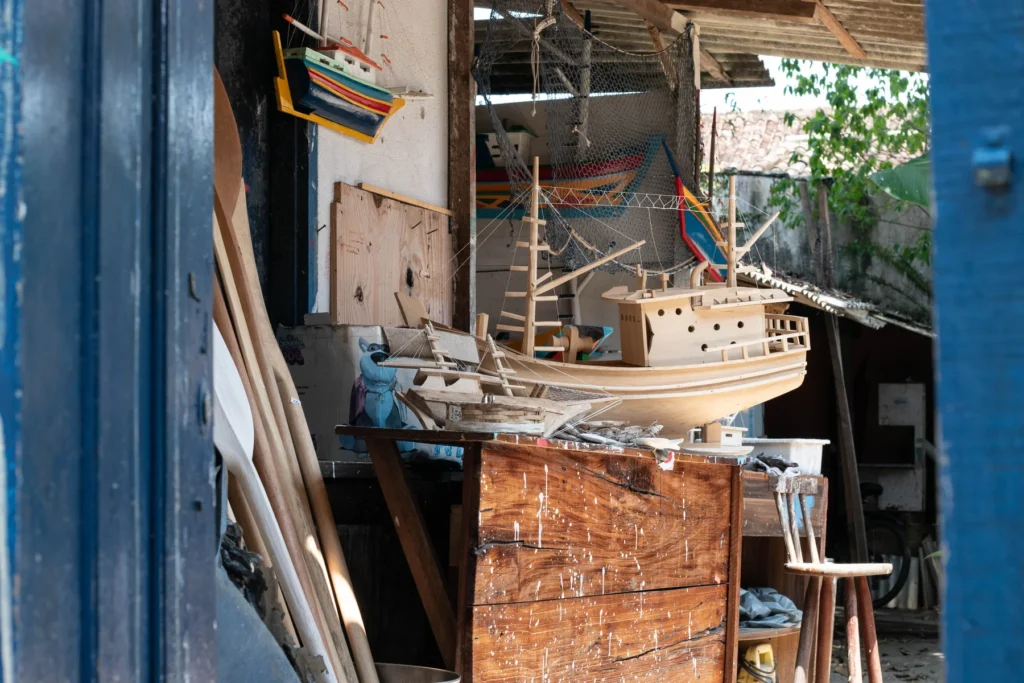 Handmade wooden boats at a studio