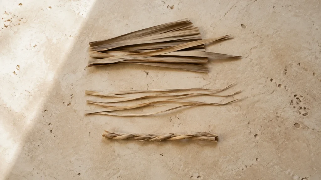 AI visualization of dried palm strips, prepared fibers and a short unfinished twist on a limestone-toned surface
