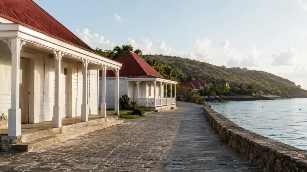AI visualization of an anonymous red-roofed harbor-town street and stone quay inspired by Gustavia