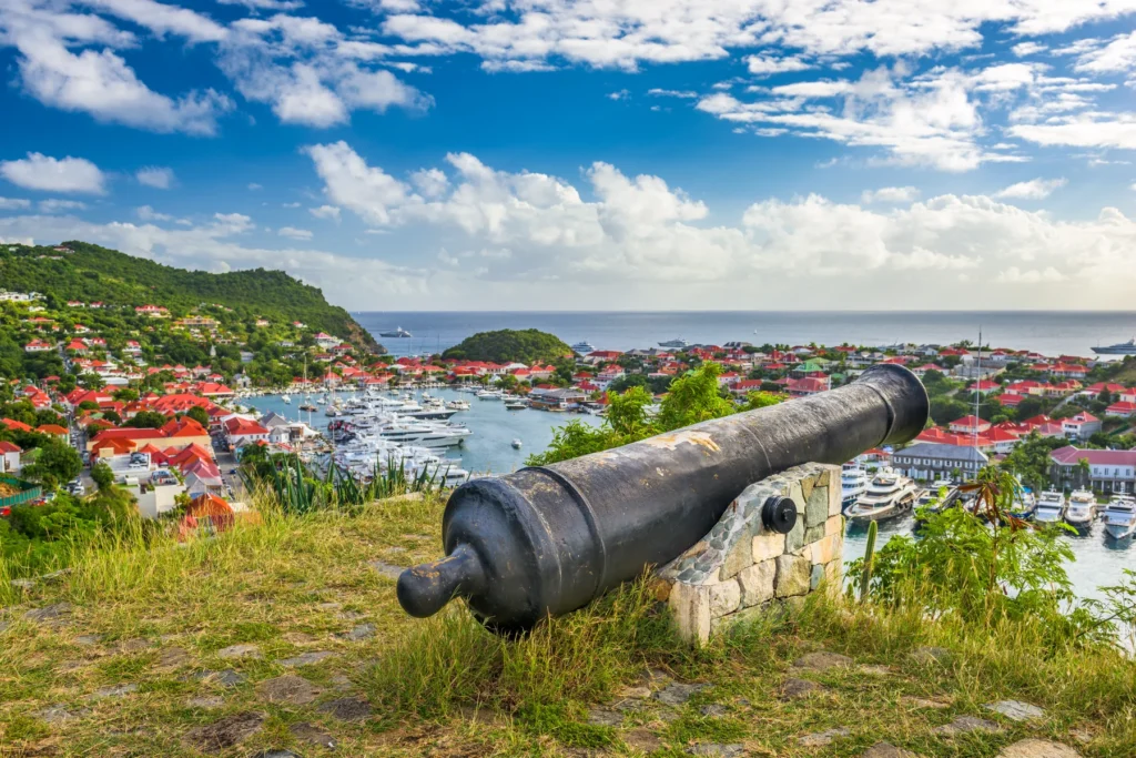 Cannon overlooking tranquil Gustavia harbor in St Barts