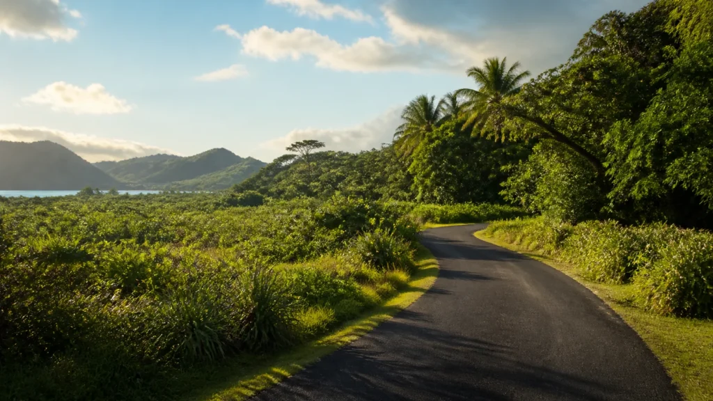 AI-generated editorial visualization of an anonymous inland-set Huahine Iti road with distant coast and bridge-link context; not an exact road, bridge, route, current condition, access or navigational record.