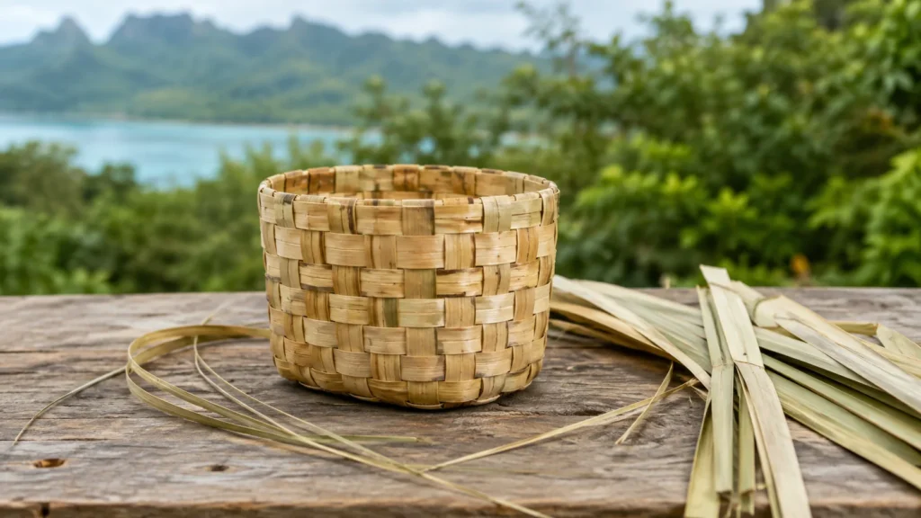 AI visualization of an unbranded woven pandanus basket and loose prepared fibers against a Huahine-associated landscape