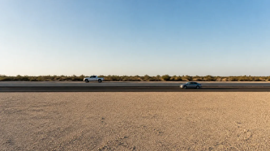 AI-generated editorial visualization of an anonymous at-grade roadside cross-section evoking the Tourist Corridor's dry desert roadway character; not an exact road, coast view, turnout, traffic, property, access, safety or current-condition record.
