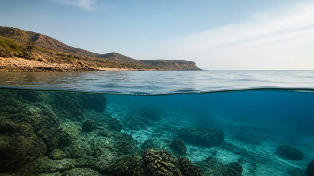 AI-generated editorial visualization of Enter Cabo Pulmo through park and community authority.
